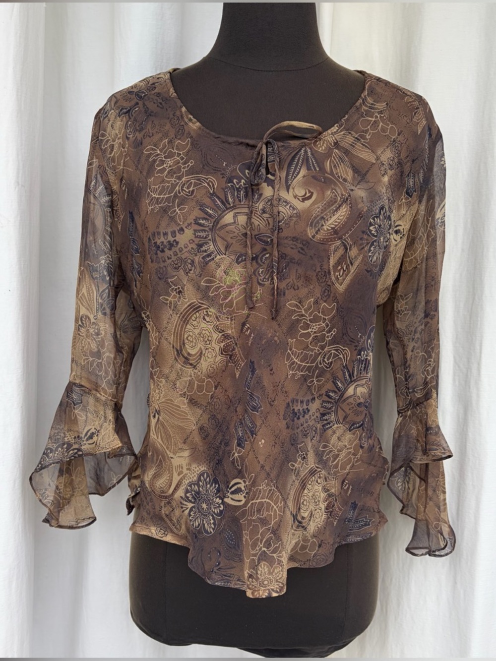 Vintage Y2K 100% Silk Brown Semi Sheer Paisley Blouse, Front Tie Top, Fairy 90s